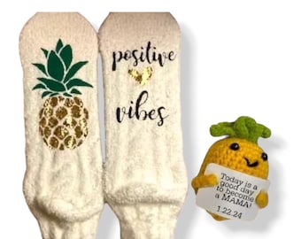 Custom Positive Vibes Fuzzy Socks with Crochet Pineapple Personalized IVF IUI Transfer Day Socks Customized Fertility Gift Idea Comfort