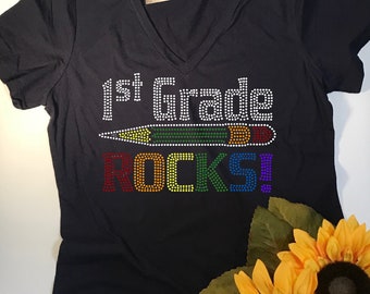 Bling 1st Grade Rocks Shirt with Name on Back | Teacher Shirts | School Teachers T Shirts