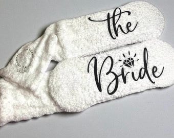 Bride fuzzy socks with rhinestone embellishment personalized wedding gift custom bride socks customized bridal gift idea for her big day