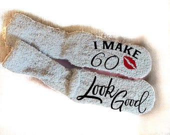 Personalized fuzzy socks custom 60th birthday gift idea funny customized milestone present for her fab at sixty warm comfort socks women