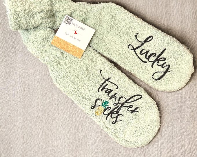 Featured listing image: Custom Lucky Transfer Day Fuzzy Socks for IVF Personalized Egg Retrieval Day Socks Customized Fertility Gift Idea for Transfer Day Support