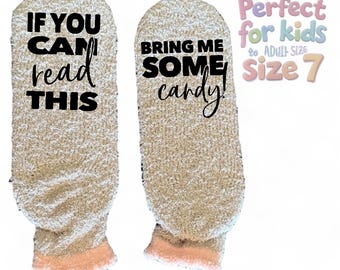 Kids Halloween fuzzy socks personalized custom if you can read this bring me candy socks customized gift idea fun fall favor trick or treat