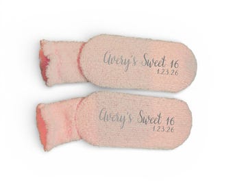 Custom Order for Diane - Light Pink Fuzzy Socks with Avery's Sweet 16 1.23.26  on Bottom of each sock in Dark Grey