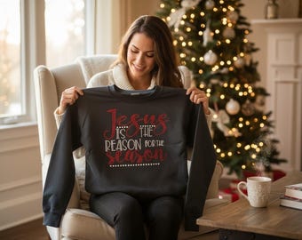 Personalized Jesus Is The Reason For The Season Shirt Bling Womens Rhinestone Christian Tee Customized Christmas Top Bedazzled Gift Idea