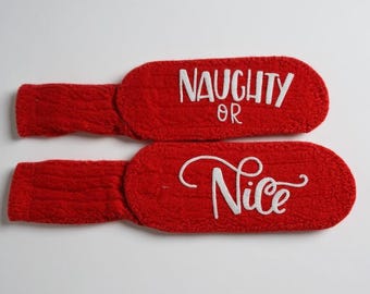 personalized naughty or nice fuzzy socks christmas gift custom cozy holiday socks customized gift idea for her funny xmas gift for friend