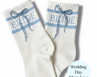 Custom Rhinestone bow Bride socks shower gift for bride to be customized Bling bow lightweight brides socks engagement miss to mrs gift idea