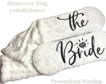 Bride fuzzy socks with rhinestone embellishment personalized wedding gift custom bride socks customized bridal gift idea for her big day