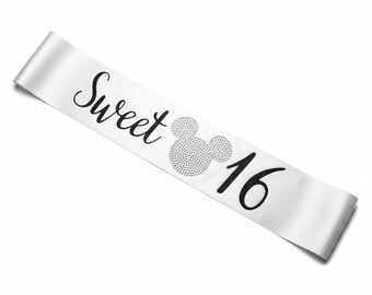 Personalized Sweet 16 Satin Sash: Rhinestone Mouse Ears, Custom Birthday Gift