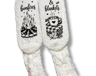 Fall Fuzzy Socks for Women, Bonfires & Blankets Cozy Socks, Camping Gift for Her, Autumn Socks, Cabin Gift, Campfire Socks, Cozy Fall Gift