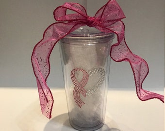 Breast Cancer Awareness Ribbon Plastic Tumbler | Cancer Awareness Month Tumbler | Bling Breast Cancer Tumbler