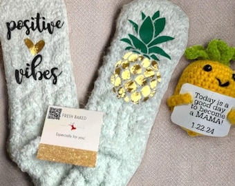 Custom Positive Vibes Fuzzy Socks with Crochet Pineapple Personalized IVF IUI Transfer Day Socks Customized Fertility Gift Idea Comfort