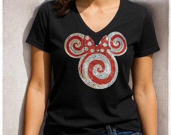 Custom Rhinestone Christmas Mouse Shirt Personalized Holiday Sparkle Tee Customized Gift Idea for Women Girls Christmas Party Outfit