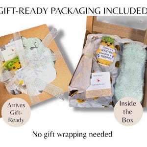 May include: Two gift boxes, one open, showcasing gift-ready packaging. The open box reveals a crocheted pineapple with a tag reading "Today is a GOOD DAY to become a MOMMY!" and a light green item. The other box is tied with a white ribbon.