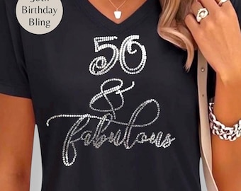 Rhinestone Birthday Shirt Fifty Fabulous Tee Personalized Celebration Top Sparkly Milestone Queen Glitter Age Custom Bling Women Apparel