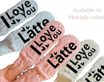 I Love You Latte Fuzzy Socks Personalized Coffee Lover Gift Custom Cute Cup Socks Customized Funny Gift Idea for Her Birthday or Valentine