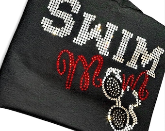 Bling swim mom rhinestone embellished shirt personalized custom poolside supporter tee customized gift idea for proud swim moms