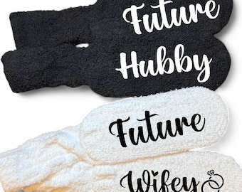 personalized bride to be gift miss to mrs wifey hubby matching fuzzy scrunchie socks custom engagement gift proposal idea gift couple gifts
