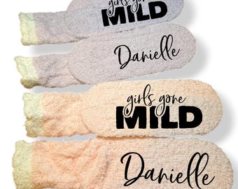 Womens Girls Gone Mild Fuzzy Socks Personalized Girls Trip Gift Idea Custom Bachelorette Party Socks Customized Girls Weekend Favor