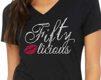 Personalized Rhinestone Birthday Shirt Custom Fiftylicious Sparkle Tee Milestone Celebration Outfit Glam Fifty 50 Vintage 1976 Woman Attire