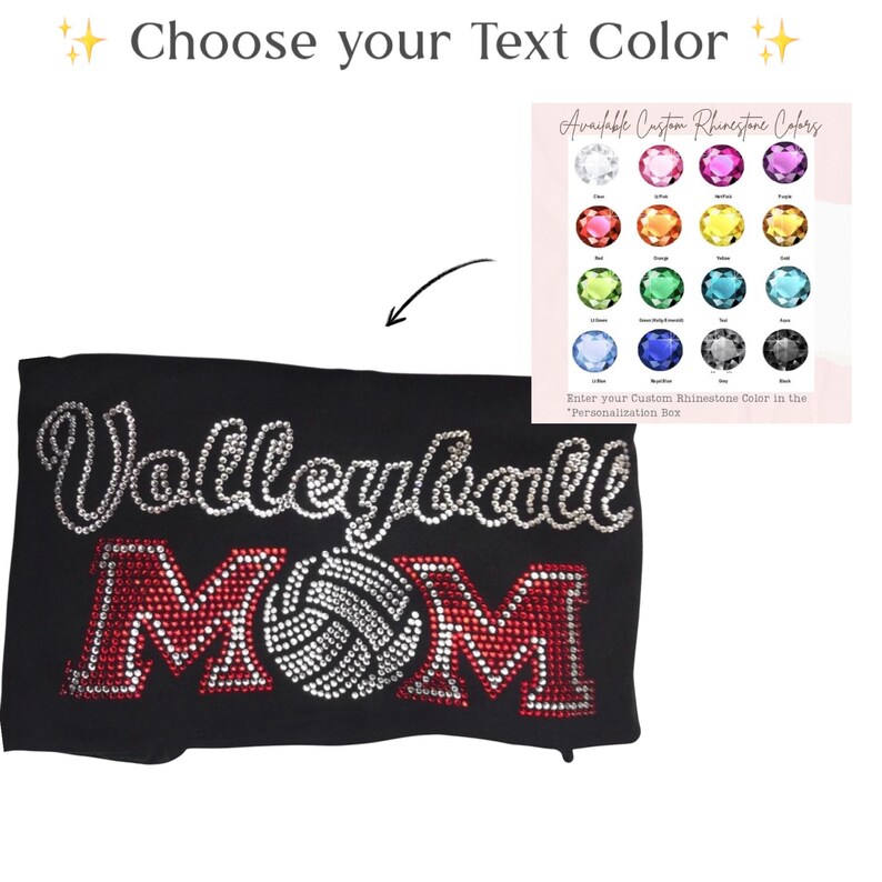 Rhinestone Volleyball Shirt Custom Colors Sparkly Mom Gift Crystal Athletic Team Wear Personalized Game Day Apparel Glitter Parent Clothing afbeelding 5