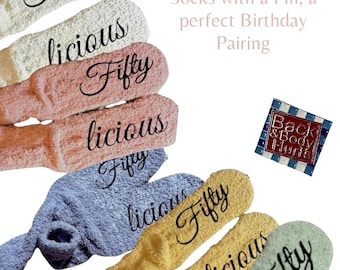 Back and body hurts pin and fiftylicious fuzzy socks set personalized birthday gift custom 50th gift idea customized funny socks for her