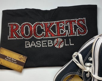 Bling Rockets Baseball Custom Rhinestone Shirt - NO NUMBER | Ladies Rockets Baseball Shirts | Women's Baseball Bedazzled TShirts