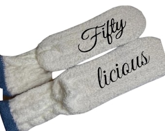 Fiftylicious fuzzy socks personalized custom cozy birthday gift idea for her customized 50th birthday socks milestone birthday gift