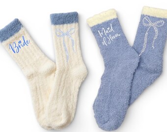 Custom gift Bride bow socks bridesmaid rhinestone bow maid of honor bachelorette gift bridesmaid proposal gifts nice fuzzy socks brides mom