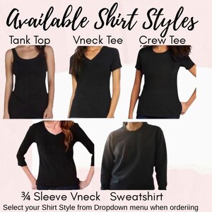 May include: Image showcasing various black shirt styles: Tank Top, V-neck Tee, Crew Tee, 3/4 Sleeve V-neck, and Sweatshirt. Text at the top reads "Available Shirt Styles." The bottom text says "Select your Shirt Style from Dropdown menu when ordering."