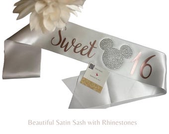 Personalized Sweet 16 satin sash with custom rhinestone mouse ears head customized birthday girl gift idea party outfit accessory