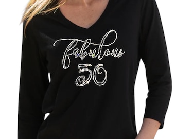 Fabulous 50 rhinestone embellished shirt personalized birthday top custom 50th shirt customized gift idea milestone sparkle tee for her