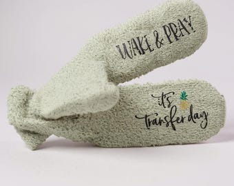 Wake and pray it’s transfer day fuzzy socks personalized custom IVF socks customized embryo transfer gift idea fertility journey support