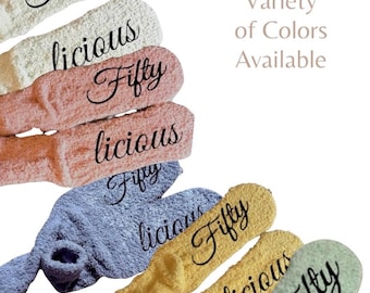 Fiftylicious fuzzy socks personalized custom cozy birthday gift idea for her customized 50th birthday socks milestone birthday gift