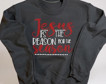 Jesus Rhinestone Shirt Christmas Top Christian Clothing Faith Gift Idea Women Holiday Sparkly Bedazzled Tee Glitter Birthday Celebration