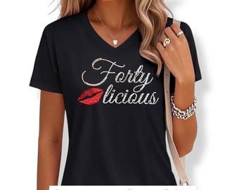 Fortylicious rhinestone embellished shirt personalized 40th birthday gift custom sparkle tee customized glam gift idea for her party