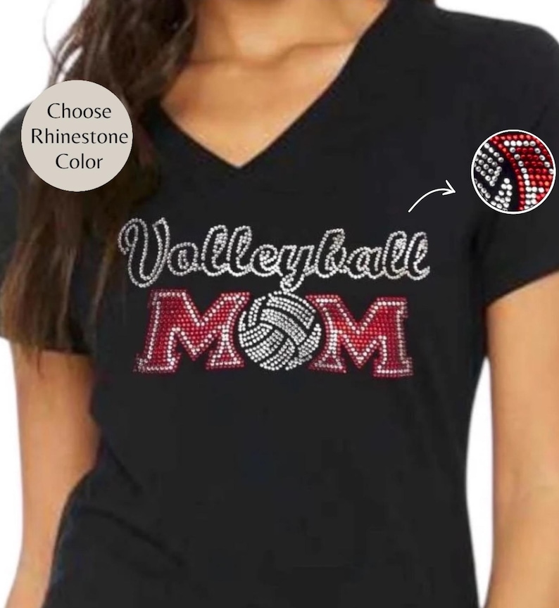 Rhinestone Volleyball Shirt Custom Colors Sparkly Mom Gift Crystal Athletic Team Wear Personalized Game Day Apparel Glitter Parent Support Clothing Special Design Sports Fan Wear Customizable Color Options Team Spirit Outfit Bling Fashion