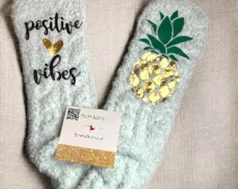Custom Positive Vibes Fuzzy Socks with Pineapple for IVF Transfer Personalized Egg Retrieval Day Socks Customized IVF Gift Idea for Comfort
