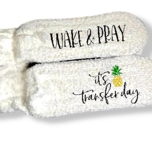 Wake and pray it’s transfer day fuzzy socks personalized custom IVF socks customized embryo transfer gift idea fertility journey support