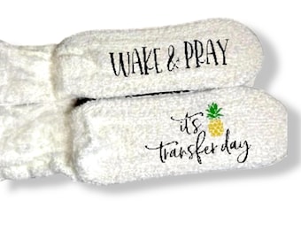 Wake and pray it’s transfer day fuzzy socks personalized custom IVF socks customized embryo transfer gift idea fertility journey support