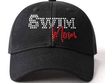Custom swim mom bling hat personalized rhinestone embellished cap customized swim team supporter gift idea for proud poolside moms