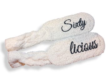 Sixtylicious Fuzzy Socks for Women Personalized 60th Birthday Gift Idea Custom Funny Socks Customized for Her christmas gift Comfort Style
