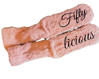 Fiftylicious fuzzy socks personalized custom cozy birthday gift idea for her customized 50th birthday socks milestone birthday gift