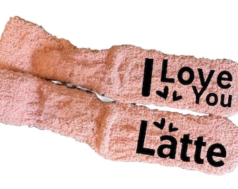 I Love You Latte Fuzzy Socks Personalized Coffee Lover Gift Custom Cute Socks Customized Funny Gift Idea for Her stockinf stuffer
