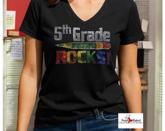 Custom Bling 5th Grade Rocks Shirt for Teachers Personalized 5th Grade Teacher Shirt Gift Idea Rhinestone Back to School Sparkly Teacher Tee