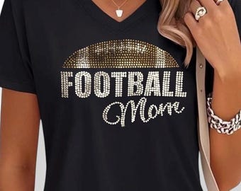 Football Mom Shirt Bling Game Day Wear Team Spirit Personalized Clothing Rhinestone Design Custom Apparel Crystal Tee Glitter Uniform