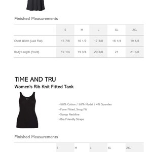 May include: A comparison chart for two black tank tops: the Bella + Canvas loose fit razor back tank and the Time and Tru rib knit fitted tank. The image includes product illustrations, fabric compositions, and detailed size measurement tables.