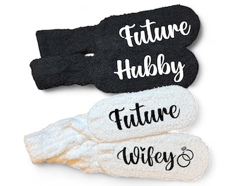 personalized bride to be gift miss to mrs wifey hubby matching fuzzy socks custom engagement gift proposal idea gift bridal shower