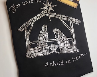 Christmas Rhinestone Shirt Bling Holiday Glam Tree Bedazzled Crystal Top Sparkly Christian Religious Apparel Women Outfit Festive Wear