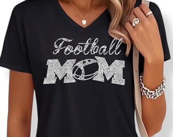 Football Mom Shirt Rhinestone Team Spirit Wear Custom Bling Gift Idea Personalized Apparel Game Day Sparkly Top Bedazzled Football Fan