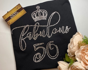Bling 50th Birthday Shirt: Custom Rhinestone Queen Tee gift idea for her custom bedazzled party tshirt for 50 and fabulous
